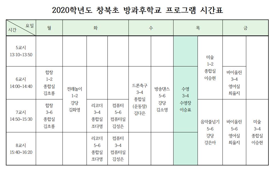 2020학년도 창북초 방과후학교 시간표.