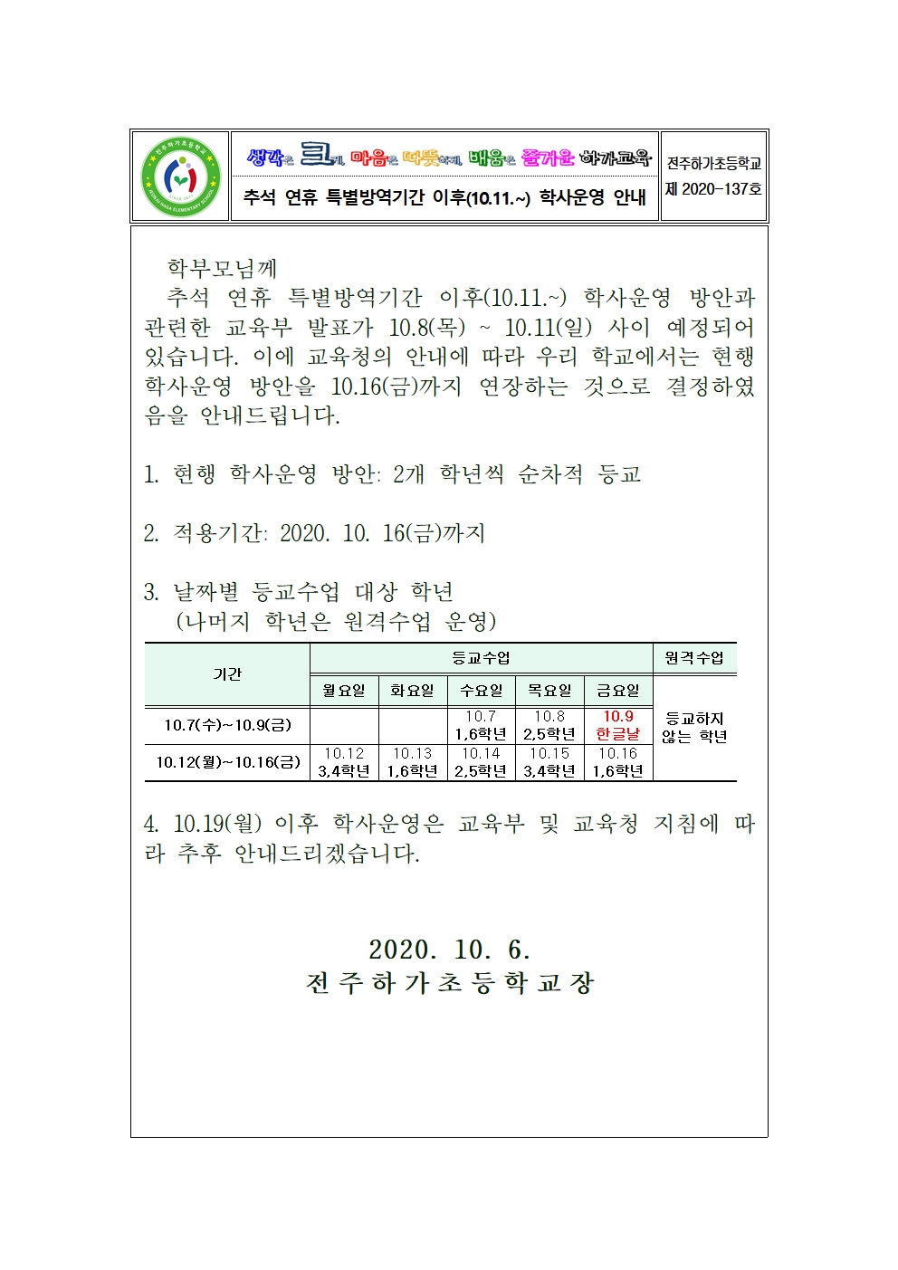 추석 연휴 특별방역기간 이후(10.11.~) 학사운영 안내