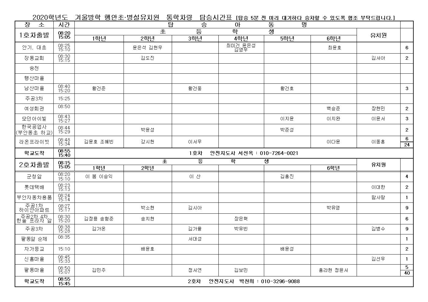 (교무)2020학년-겨울방학  통학차량 운행 시간표(확정)001