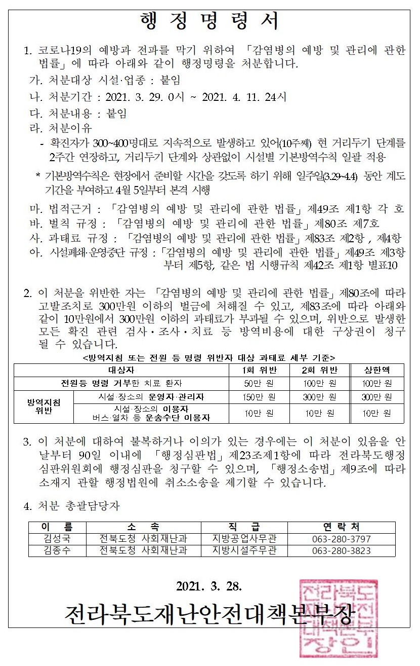 붙임1-전라북도 사회적 거리두기 1.5단계 연장 행정명령서(3.29~4.11)001