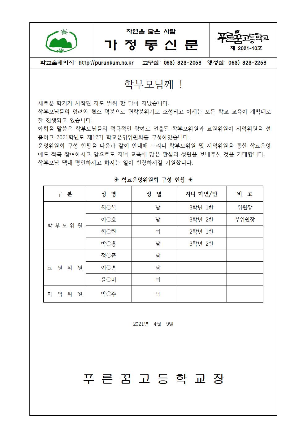 2021년도 학교운영위원회 구성결과 홍보(가정통신문)001