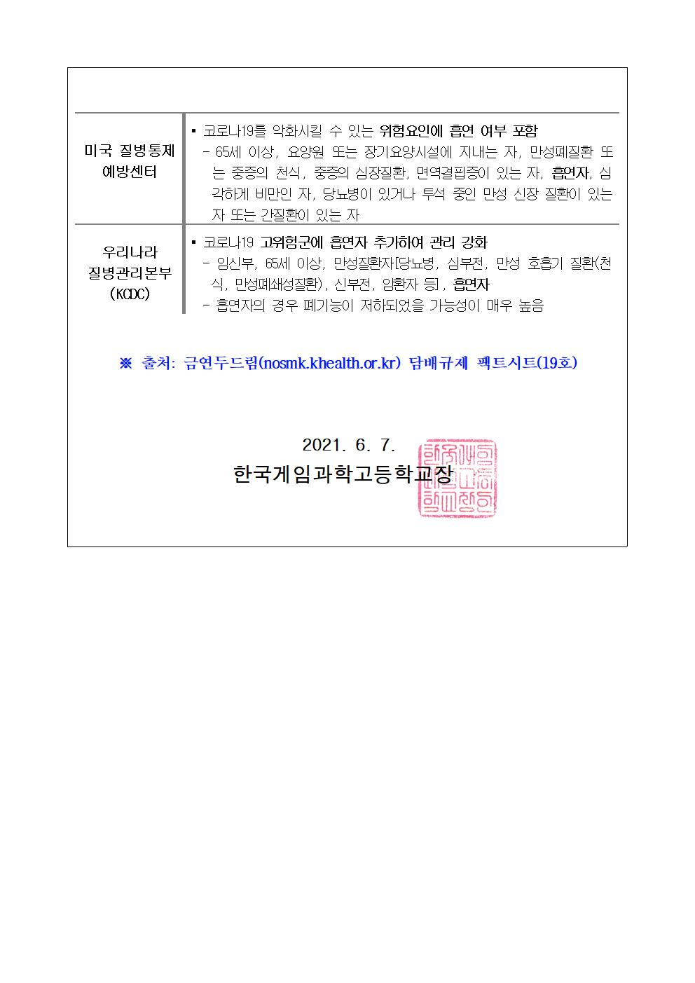 코로나19 대응 학생흡연예방 가정통신문(6.7002