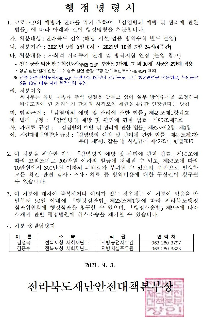 1. 전라북도 사회적 거리두기 단계 행정명령서(9.6~10.3)003001