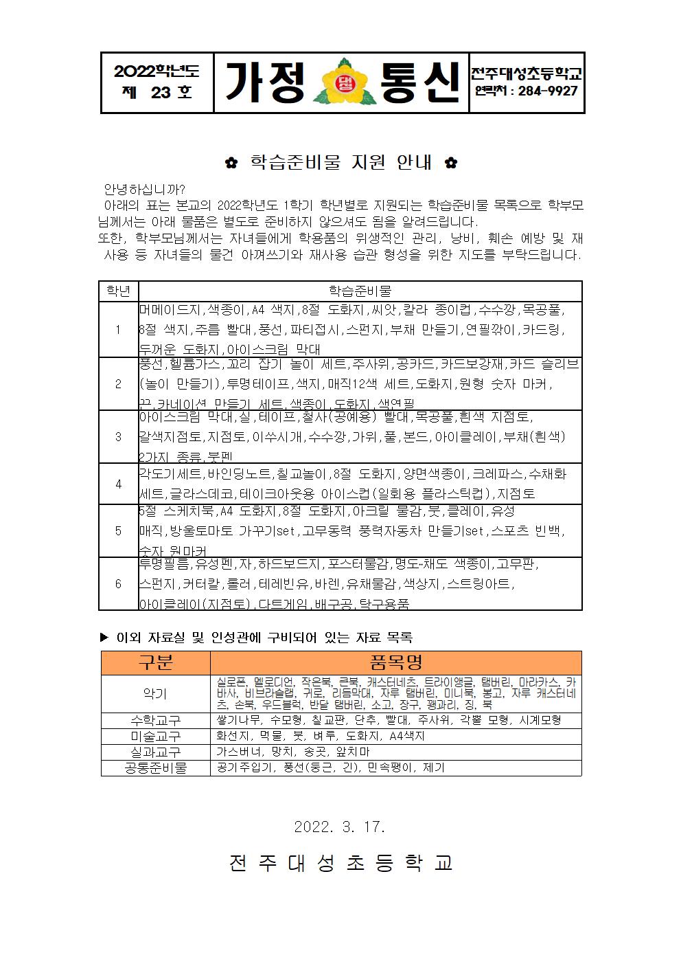 제23 호-2022-1학기 학습준비물 지원 안내 가정통신문001