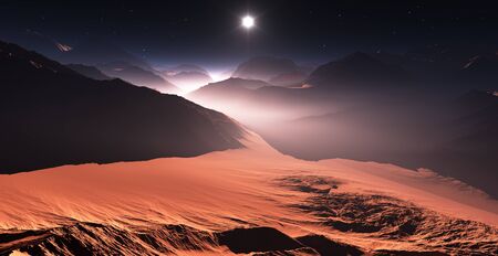 70899499-화성에-일몰-화성-산-계곡에서-볼-3d-일러스트-레이션