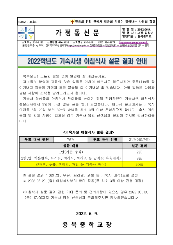 2022학년도 기숙사생 아침식사 관련 설문결과(가정통신문)_1