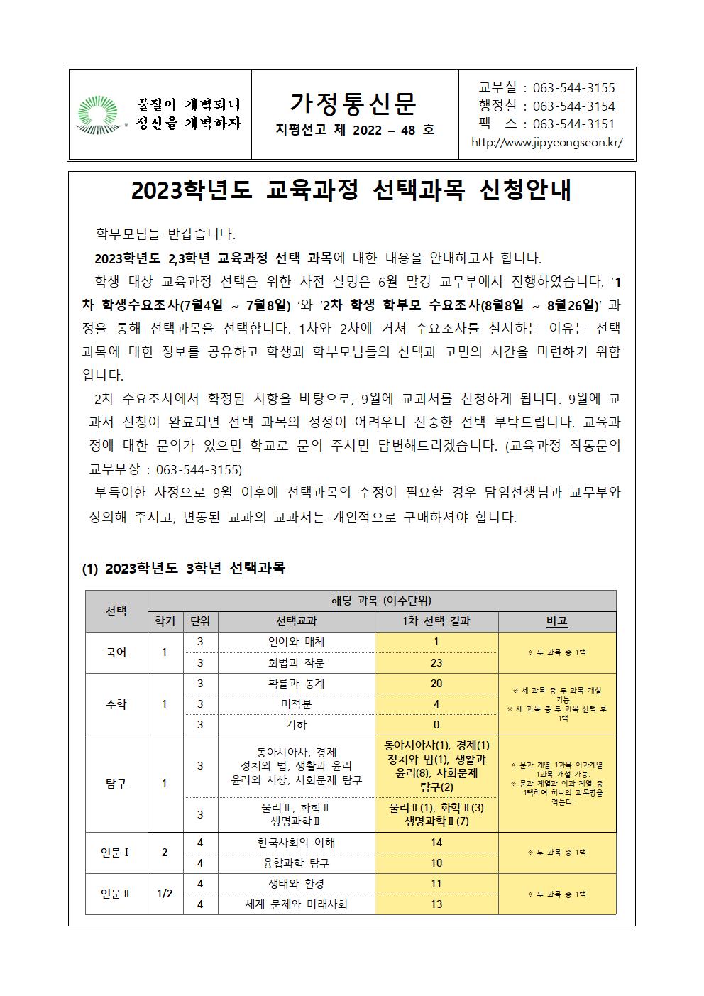 가정통신문 2022-48 교육과정 선택과목 신청안내001