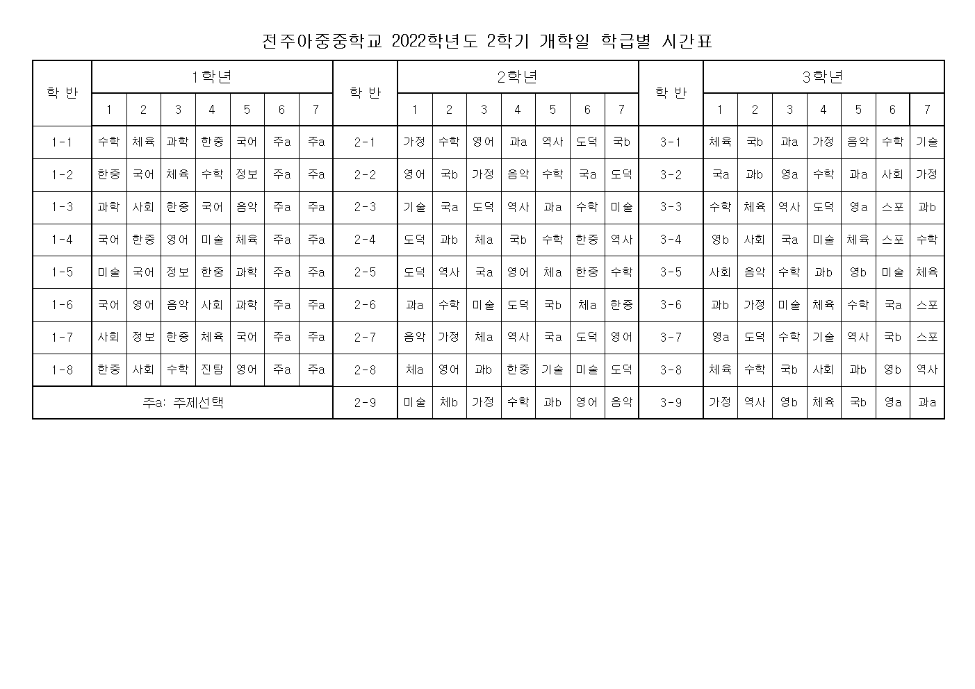2022학년도 2학기 학급별 전체 시간표(8.22.)001