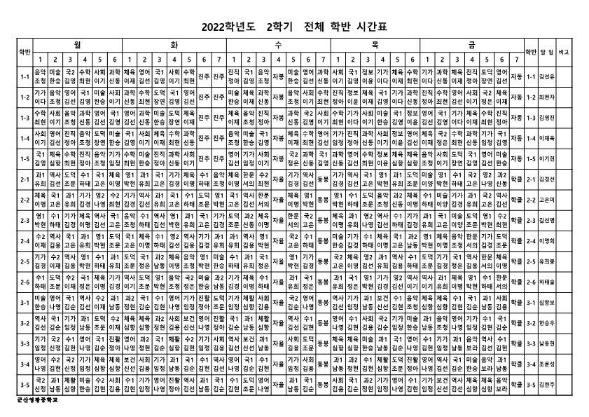 2022학년도 2학기 전체 학반 시간표(8월 29일~)
