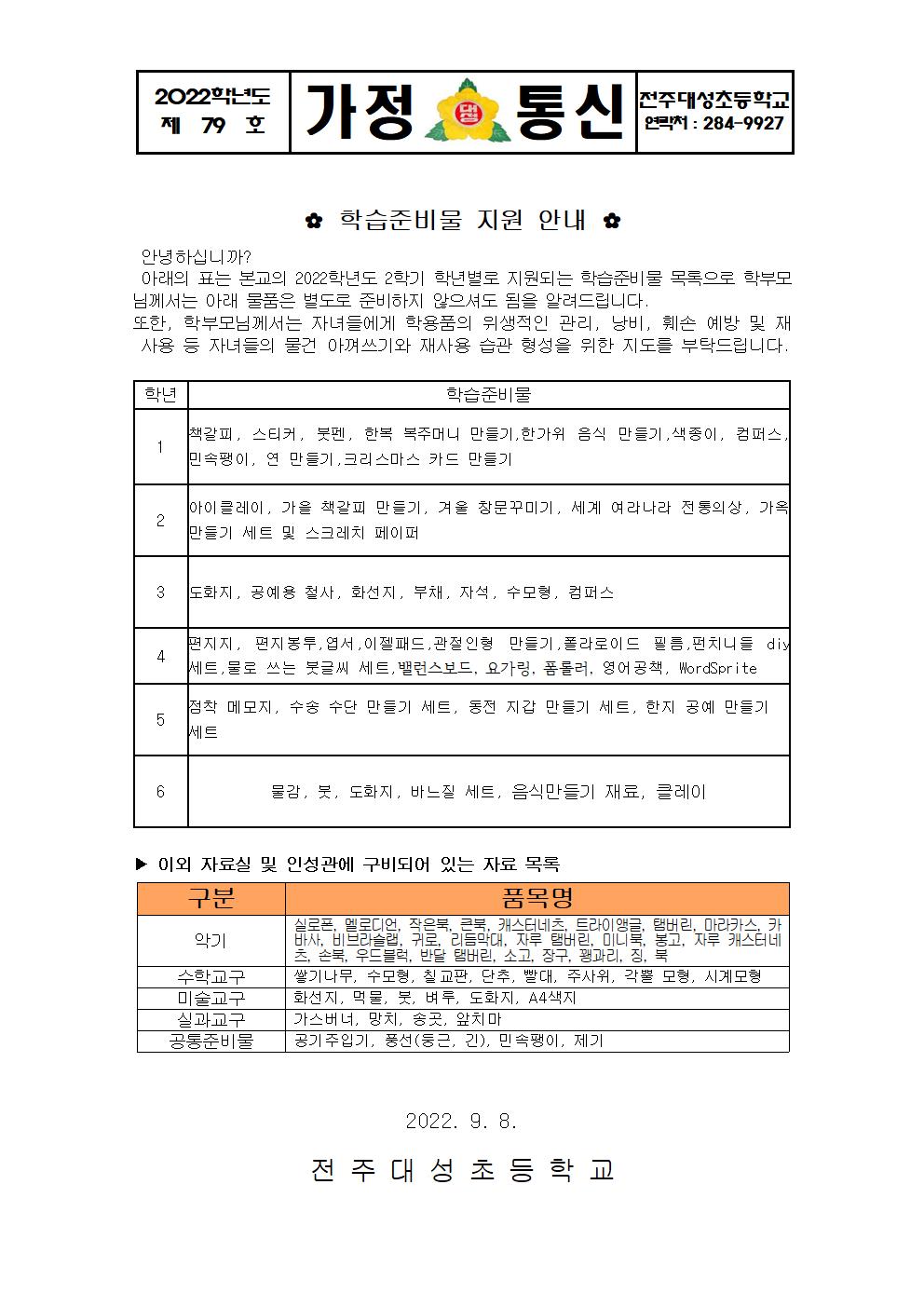 제 79  호-2022-2학기 학습준비물 지원 안내 가정통신문001