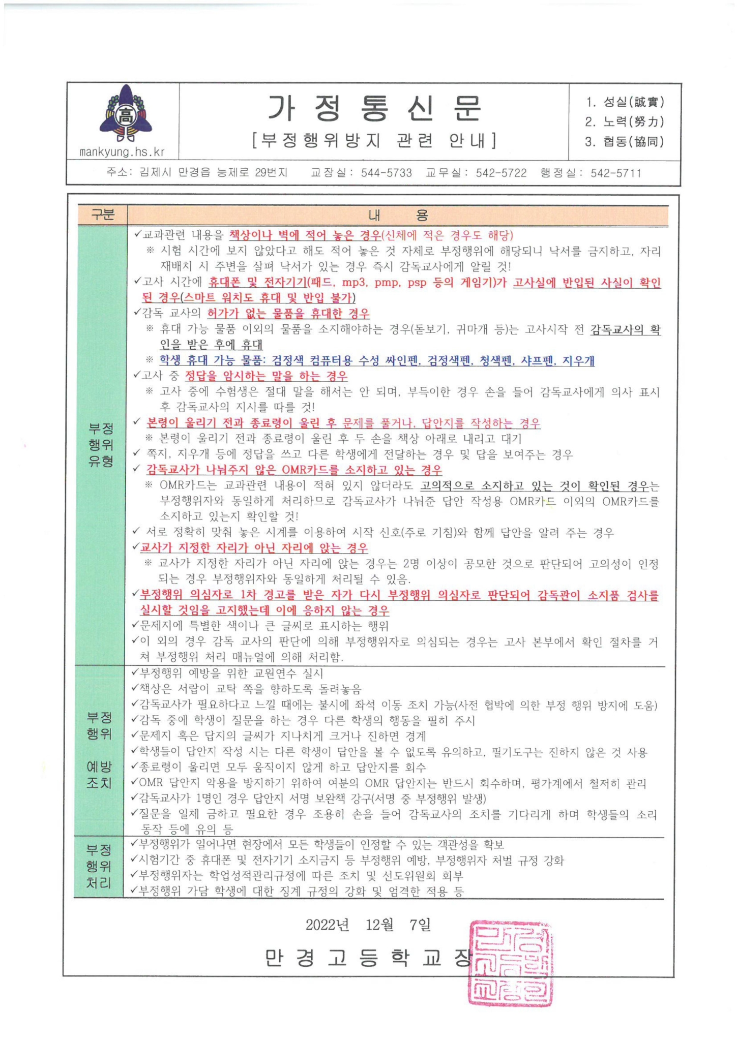 2022학년도 부정행위방지관련 가정통신문