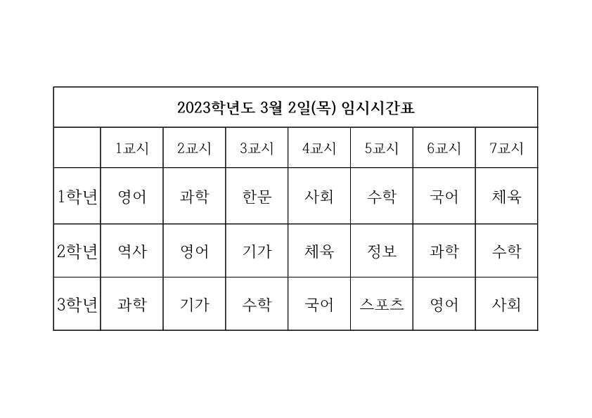 2023.3.3.(목) 학급별 임시시간표