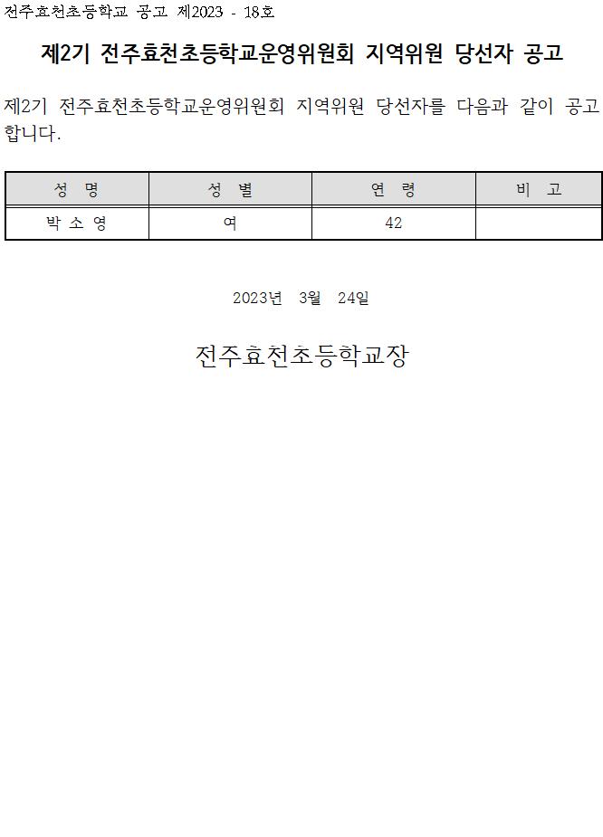 제2기 전주효천초등학교운영위원회 지역위원 당선자 공고