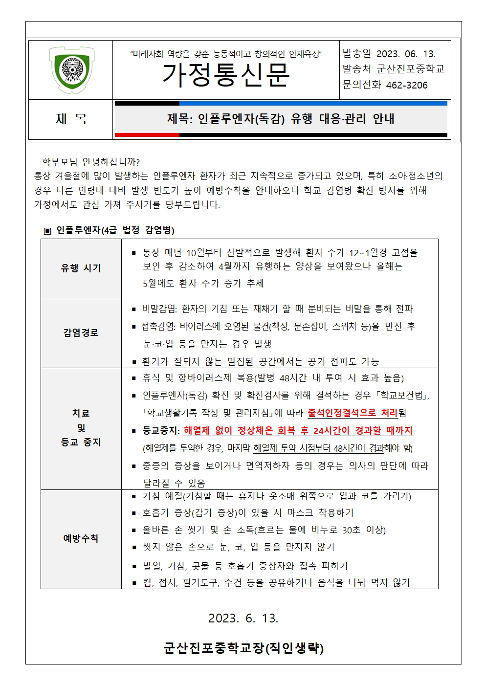 인플루엔자(독감) 유행 대응·관리 안내 가정통신문001