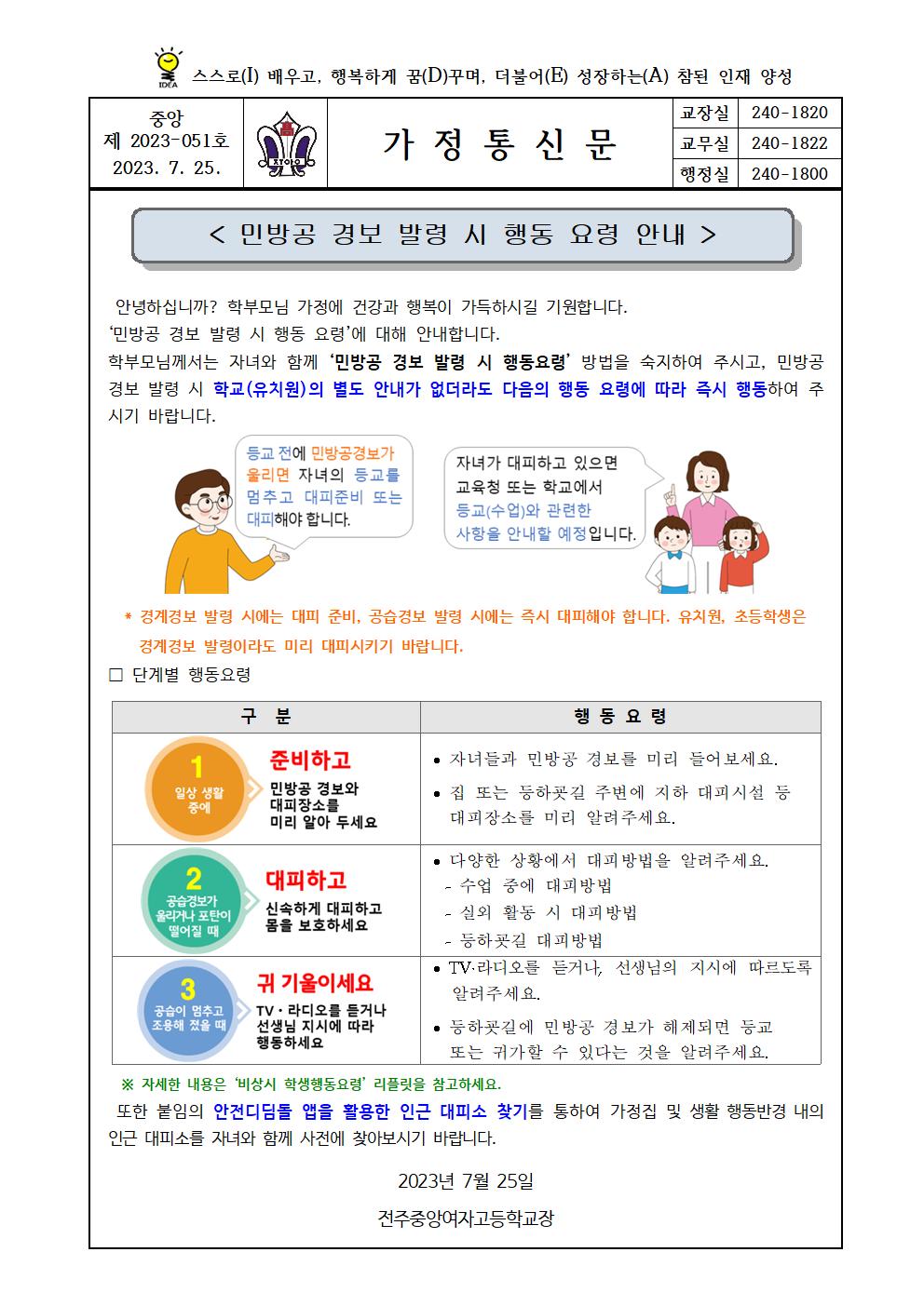 7. 민방공 경보 발령 시 행동요령 안내 가정통신문001