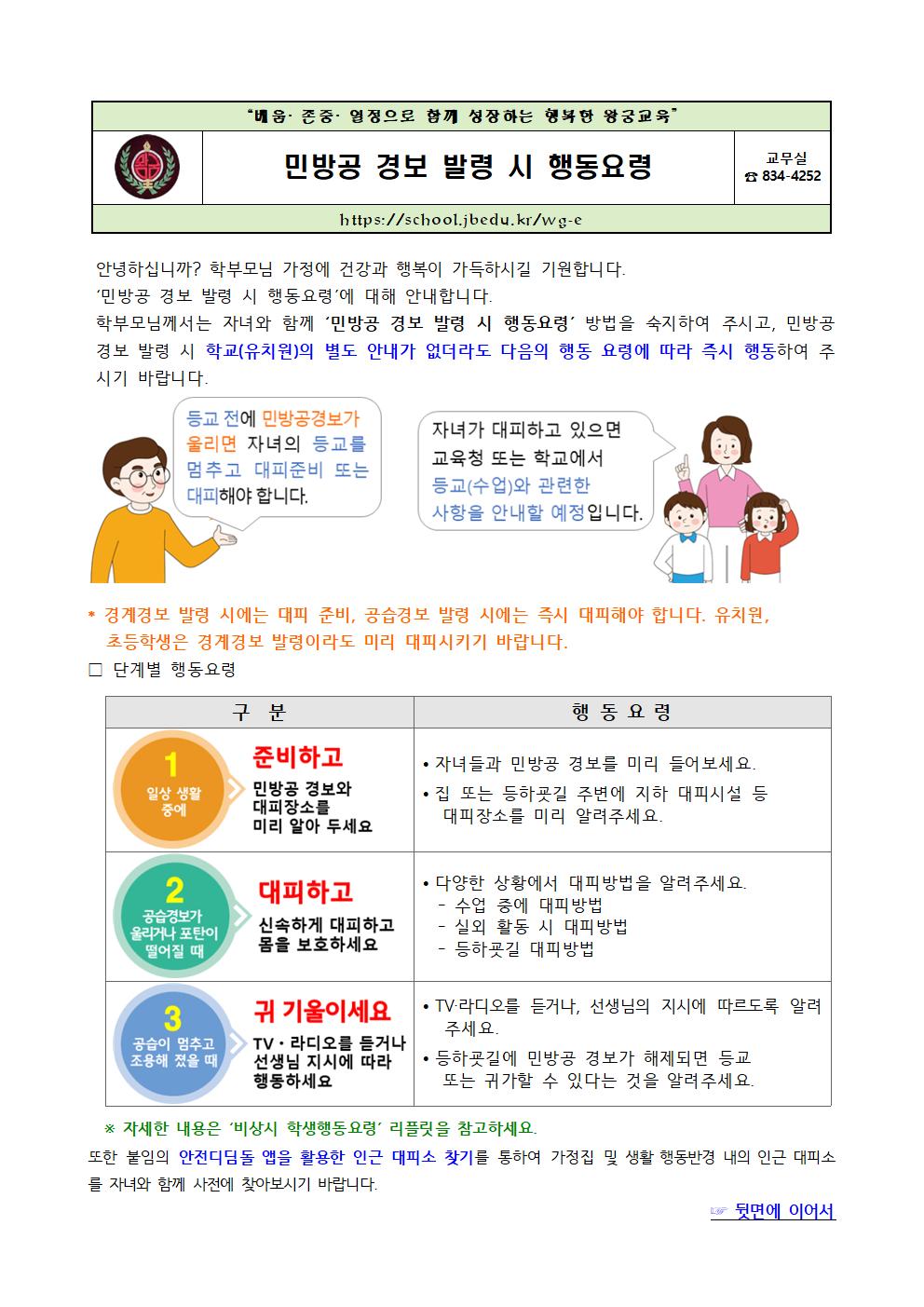 민방공 경보 발령 시 행동요령 가정통신문001