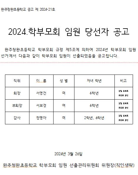 학부모회 임원 당선자 공고