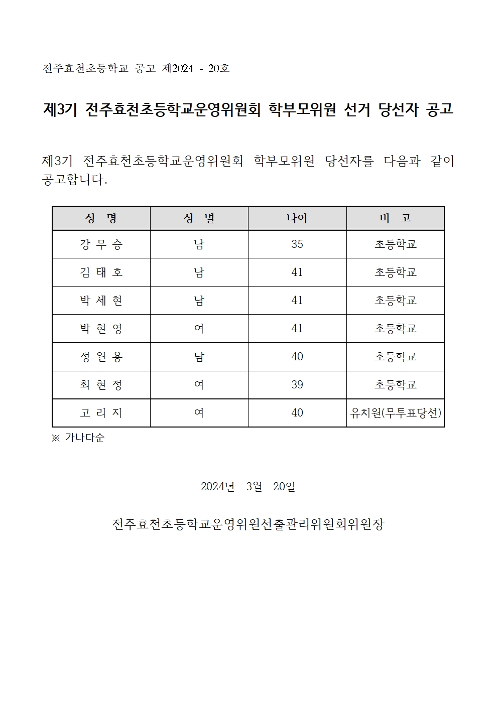 27_1. 제3기 전주효천초등학교운영위원회 학부모위원 당선자 공고001