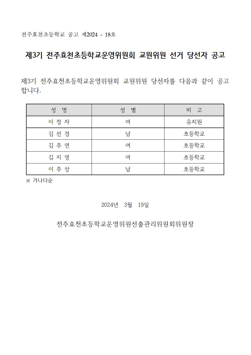 13_1. 제3기 전주효천초등학교운영위원회 교원위원 당선자 공고