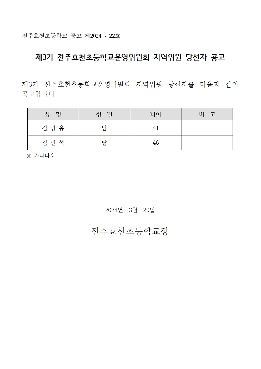 제3기 전주효천초등학교운영위원회 지역위원 당선자 공고001