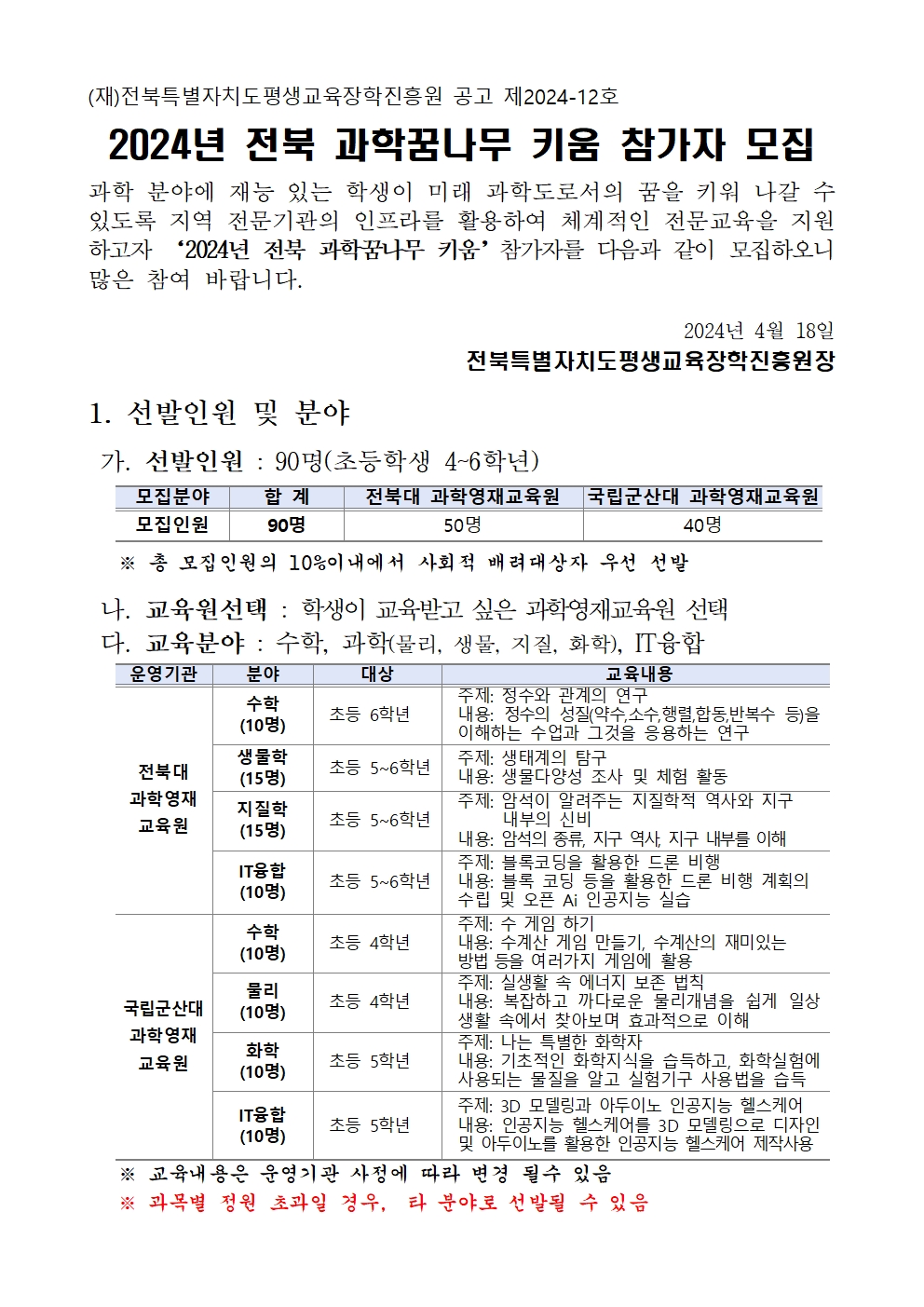 2024년 전북 과학꿈나무 키움 참가자 모집 공고문001