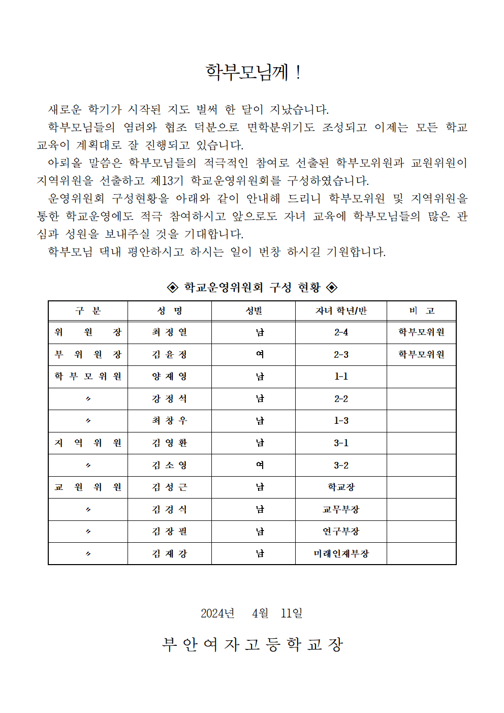 서식 31 - 1 학교운영위원회 구성결과 홍보 안내장(가정통신문)001