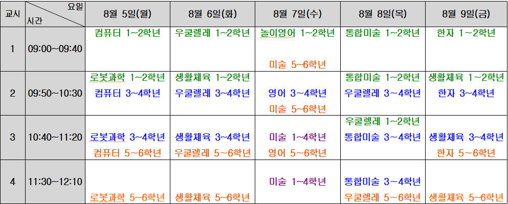 2024. 변산초등학교 여름방학 시간표